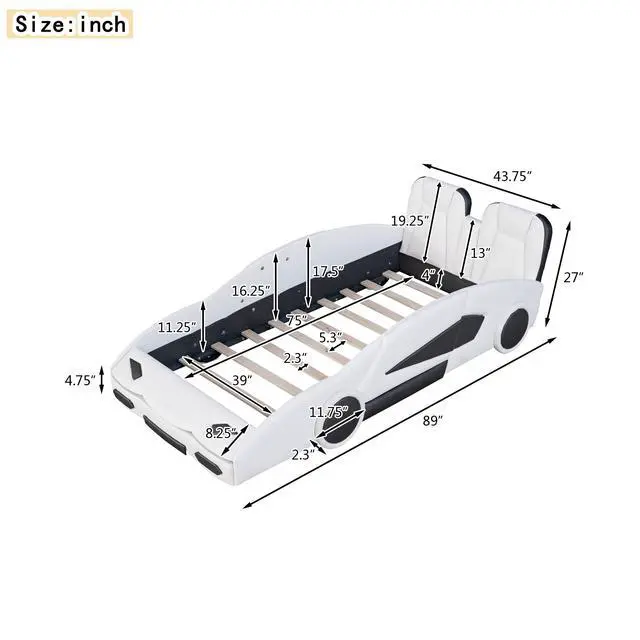 Alt view image 3 of 7 - Twin Size Race Car-Shaped Platform Bed With Wheels, White