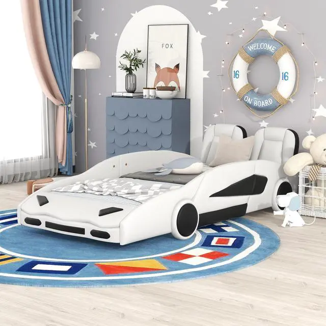 Alt view image 5 of 7 - Twin Size Race Car-Shaped Platform Bed With Wheels, White