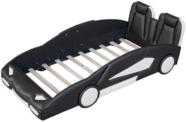 Alt view image 6 of 7 - Twin Size Race Car-Shaped Platform Bed With Wheels, Black