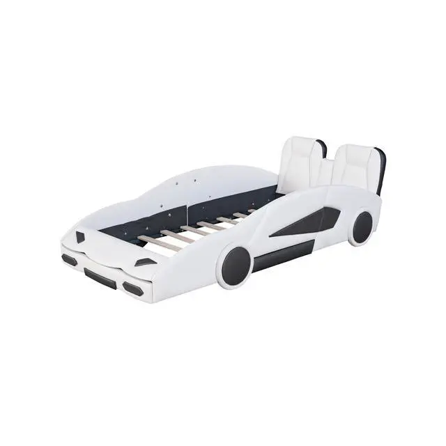 Alt view image 7 of 7 - Twin Size Race Car-Shaped Platform Bed With Wheels, White