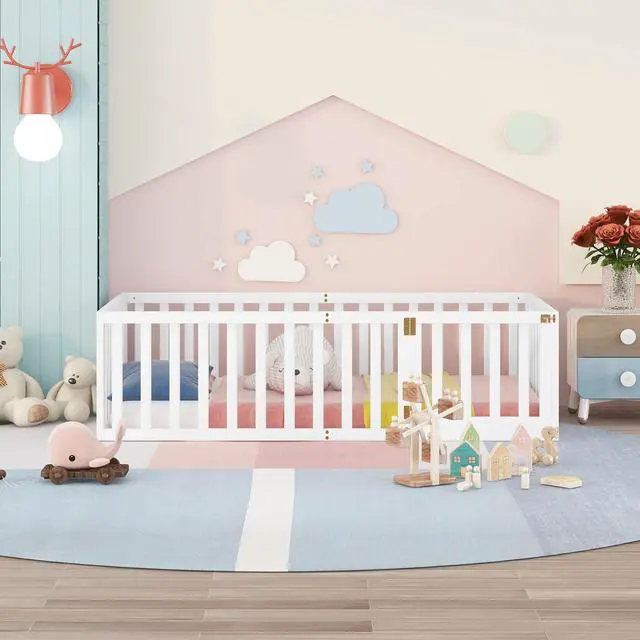 Alt view image 2 of 7 - Twin Size Wood Floor Bed Frame With Fence And Door, White(Old Sku :Wf289661Aak)