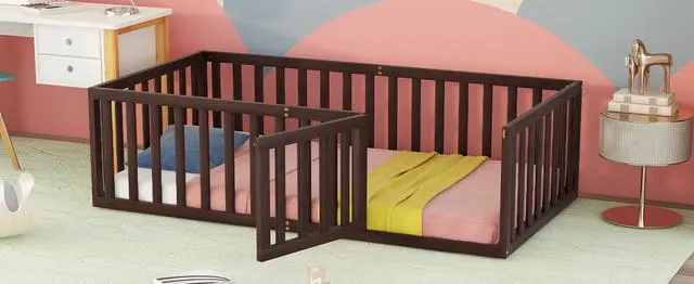 Alt view image 3 of 7 - Twin Size Wood Floor Bed Frame With Fence And Door, Walnut(Old Sku :Wf289661Aal)