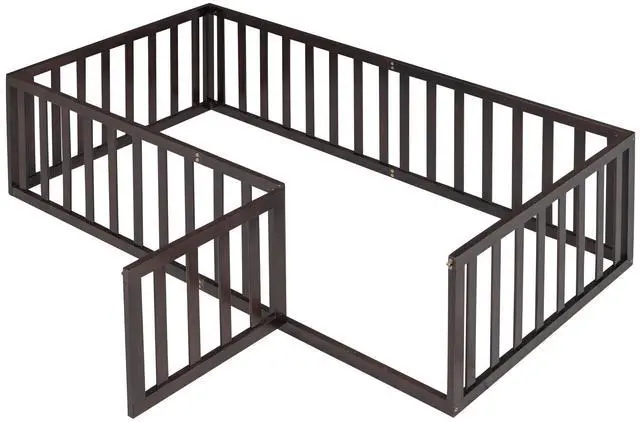 Alt view image 7 of 7 - Twin Size Wood Floor Bed Frame With Fence And Door, Walnut(Old Sku :Wf289661Aal)