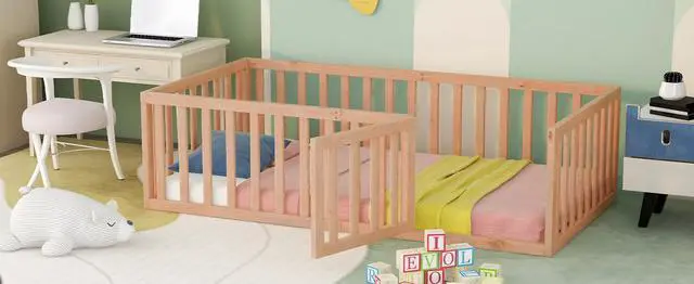 Alt view image 6 of 7 - Twin Size Wood Floor Bed Frame With Fence And Door, Natural(Old Sku :Wf289661Aam)