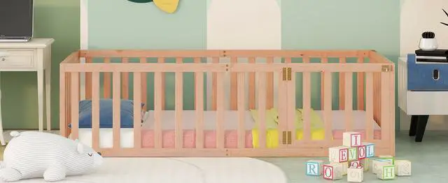 Alt view image 3 of 7 - Twin Size Wood Floor Bed Frame With Fence And Door, Natural(Old Sku :Wf289661Aam)