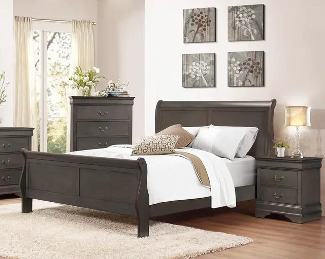Alt view image 2 of 7 - Stained Gray Finish Louis Philippe Style 1Pc Queen Size Sleigh Bed Traditional Design