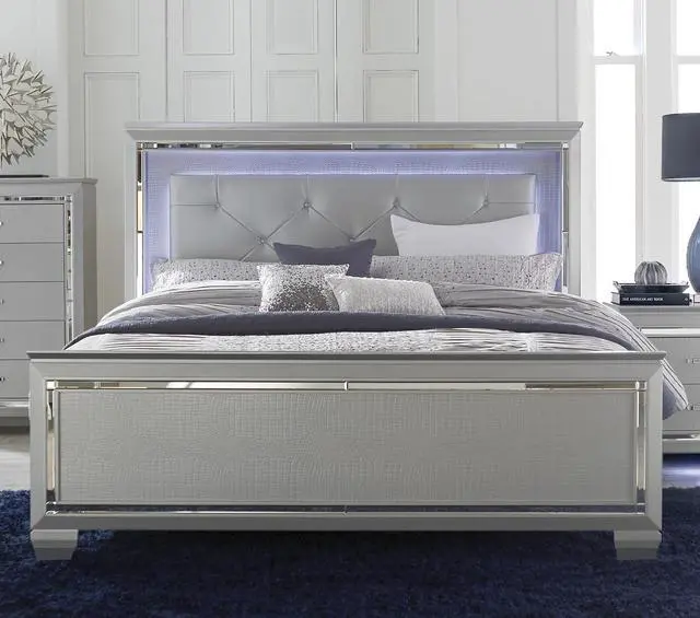 Main image of Silver Finish Upholstered Button-Tufted 1Pc Queen Size Bed Led Headboard Faux Alligator Embossed Textural Panels Wooden Bed
