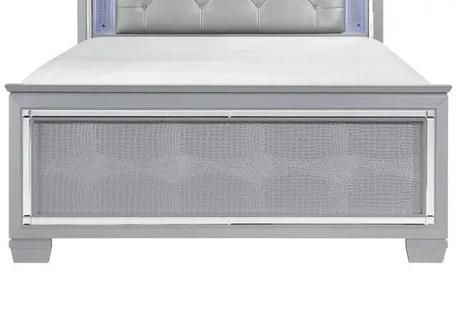 Alt view image 3 of 7 - Silver Finish Upholstered Button-Tufted 1Pc Queen Size Bed Led Headboard Faux Alligator Embossed Textural Panels Wooden Bed
