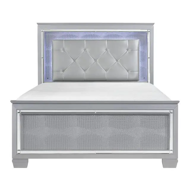 Alt view image 2 of 7 - Silver Finish Upholstered Button-Tufted 1Pc Queen Size Bed Led Headboard Faux Alligator Embossed Textural Panels Wooden Bed