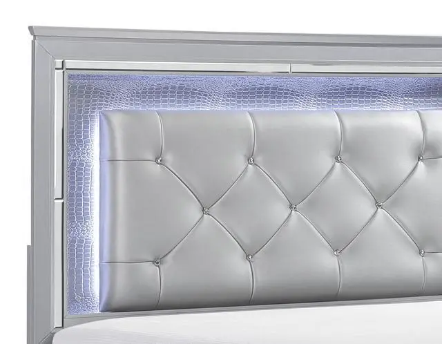 Alt view image 5 of 7 - Silver Finish Upholstered Button-Tufted 1Pc Queen Size Bed Led Headboard Faux Alligator Embossed Textural Panels Wooden Bed