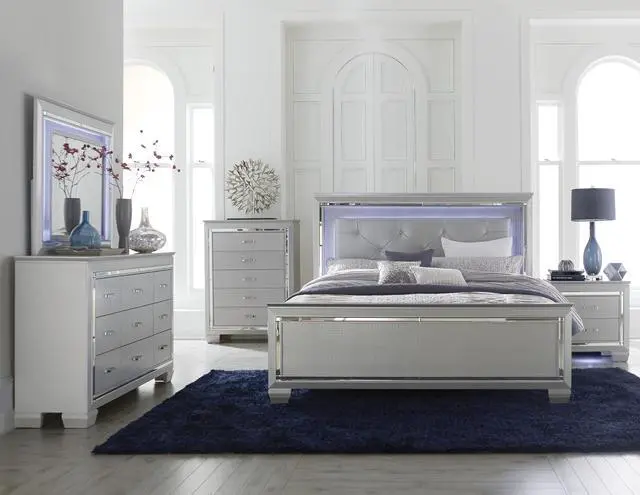 Alt view image 6 of 7 - Silver Finish Upholstered Button-Tufted 1Pc Queen Size Bed Led Headboard Faux Alligator Embossed Textural Panels Wooden Bed