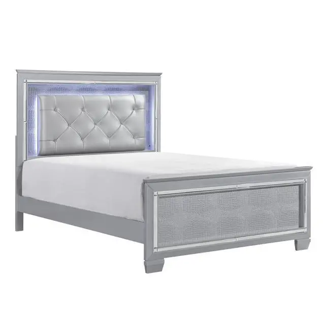 Alt view image 4 of 7 - Silver Finish Upholstered Button-Tufted 1Pc Queen Size Bed Led Headboard Faux Alligator Embossed Textural Panels Wooden Bed