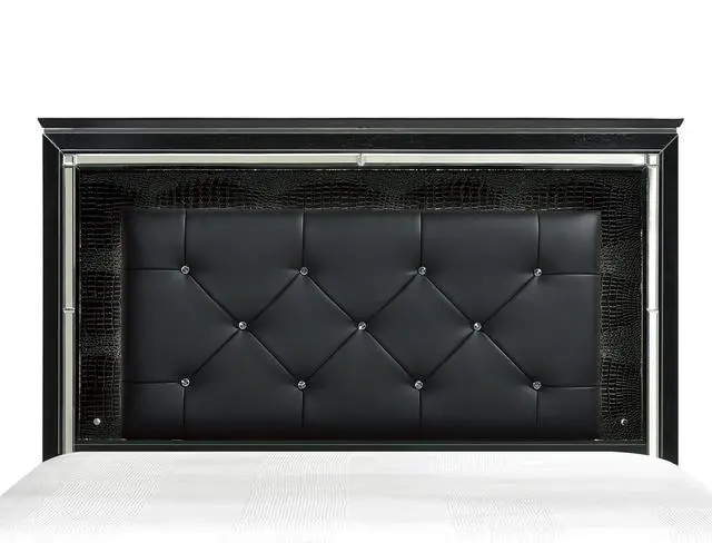 Alt view image 2 of 7 - Black Finish Upholstered Button-Tufted 1Pc Queen Size Bed Led Headboard Faux Alligator Embossed Textural Panels Wooden Bed