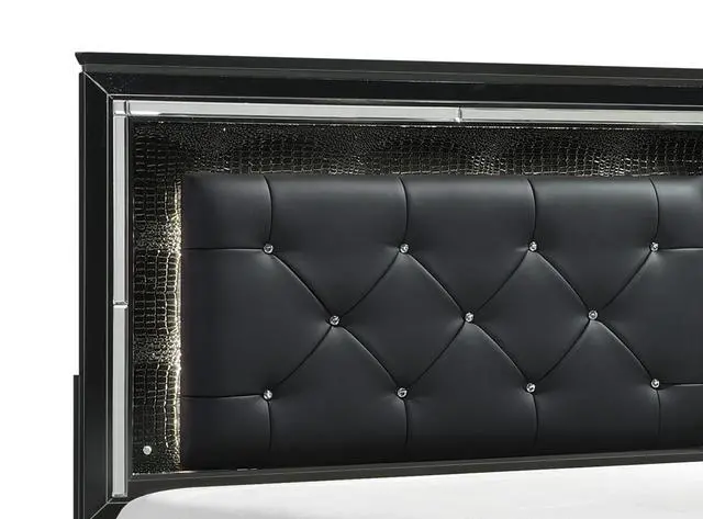 Alt view image 4 of 7 - Black Finish Upholstered Button-Tufted 1Pc Queen Size Bed Led Headboard Faux Alligator Embossed Textural Panels Wooden Bed