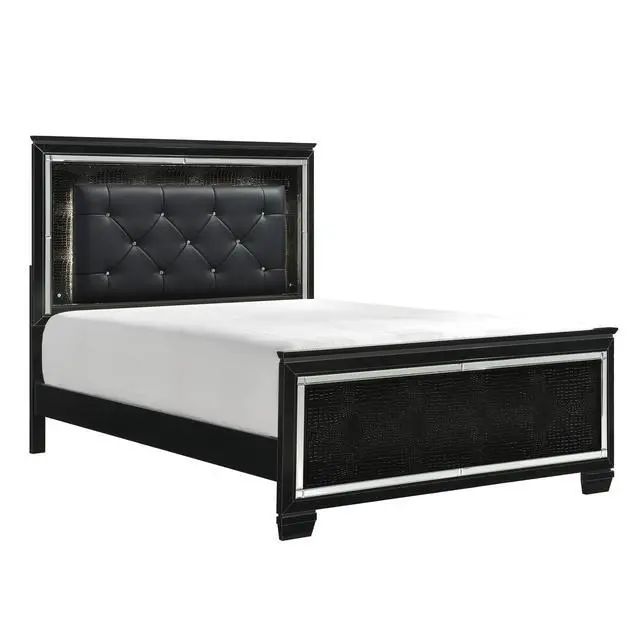 Alt view image 3 of 7 - Black Finish Upholstered Button-Tufted 1Pc Queen Size Bed Led Headboard Faux Alligator Embossed Textural Panels Wooden Bed