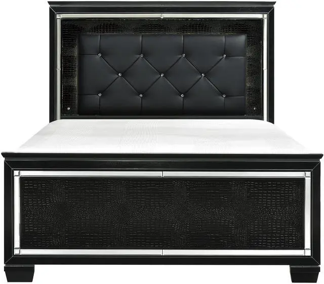 Main image of Black Finish Upholstered Button-Tufted 1Pc Queen Size Bed Led Headboard Faux Alligator Embossed Textural Panels Wooden Bed