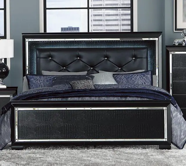 Alt view image 6 of 7 - Black Finish Upholstered Button-Tufted 1Pc Queen Size Bed Led Headboard Faux Alligator Embossed Textural Panels Wooden Bed