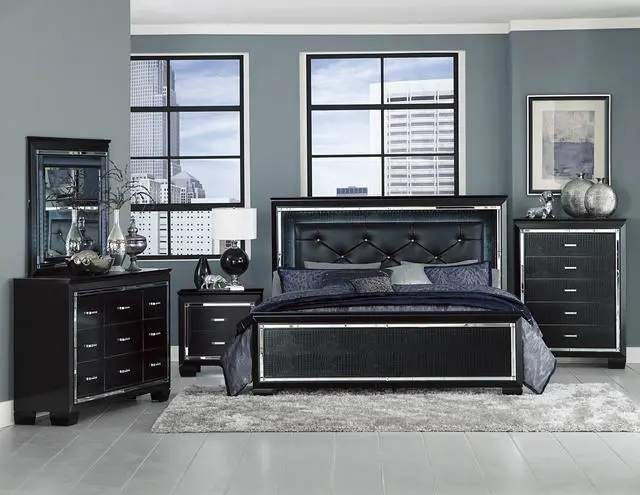 Alt view image 7 of 7 - Black Finish Upholstered Button-Tufted 1Pc Queen Size Bed Led Headboard Faux Alligator Embossed Textural Panels Wooden Bed