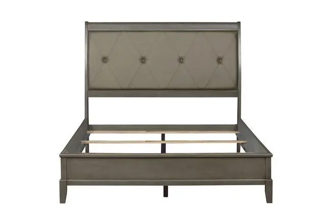 Alt view image 4 of 7 - Transitional Style Gray Finish 1pc Queen Size Sleigh Bed Button-Tufted Faux Leather Upholstered Headboard Bedframe