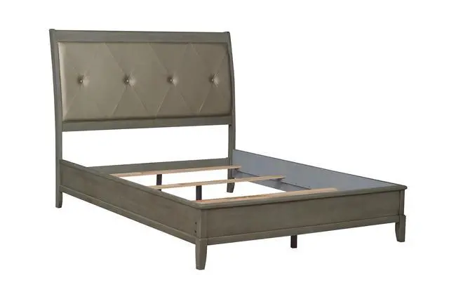 Alt view image 5 of 7 - Transitional Style Gray Finish 1pc Queen Size Sleigh Bed Button-Tufted Faux Leather Upholstered Headboard Bedframe
