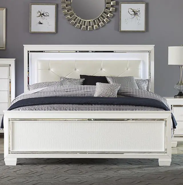 Main image of Glamorous Design Bedroom Furniture 1Pc Queen Bed Button-Tufted Led Headboard White Finish Faux Alligator Embossed Textured Panels Bed