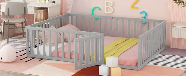 Alt view image 3 of 7 - Queen Size Wood Floor Bed Frame With Fence And Door, Gray(Old Sku:Wf289663Aae)