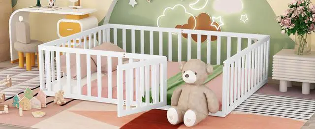 Alt view image 3 of 7 - Queen Size Wood Floor Bed Frame With Fence And Door, White(Old Sku:Wf289663Aak)