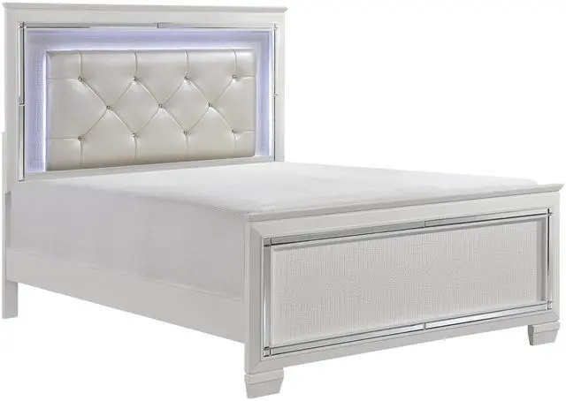 Alt view image 5 of 7 - Glamorous Design Bedroom Furniture 1Pc Queen Bed Button-Tufted Led Headboard White Finish Faux Alligator Embossed Textured Panels Bed