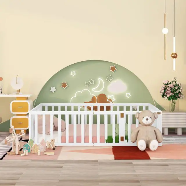 Alt view image 2 of 7 - Queen Size Wood Floor Bed Frame With Fence And Door, White(Old Sku:Wf289663Aak)