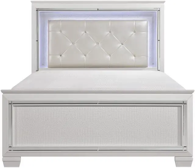 Alt view image 3 of 7 - Glamorous Design Bedroom Furniture 1Pc Queen Bed Button-Tufted Led Headboard White Finish Faux Alligator Embossed Textured Panels Bed