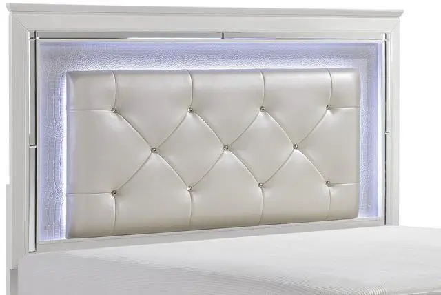 Alt view image 6 of 7 - Glamorous Design Bedroom Furniture 1Pc Queen Bed Button-Tufted Led Headboard White Finish Faux Alligator Embossed Textured Panels Bed