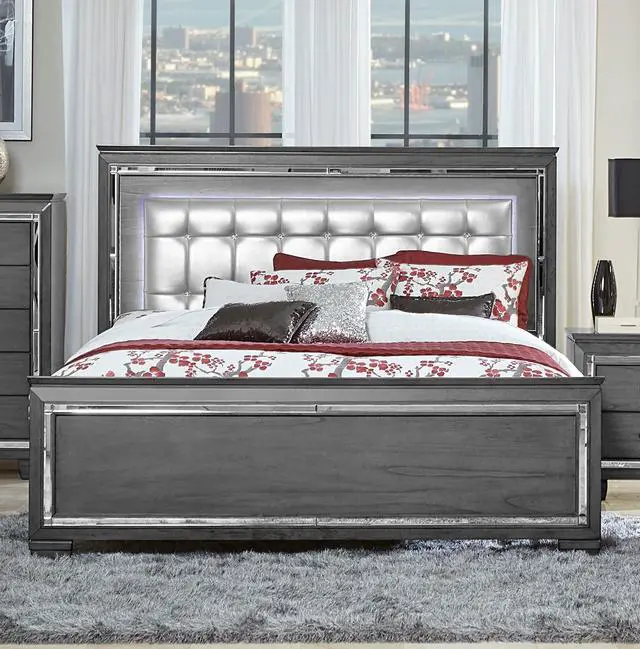 Alt view image 6 of 7 - Glamourous Style 1Pc Queen Bed Button-Tufted Upholstered Led Headboard Gray Finish Modern Beautiful Bedroom Furniture