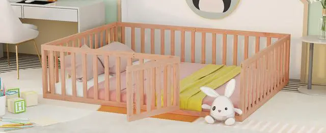 Alt view image 4 of 7 - Queen Size Wood Floor Bed Frame With Fence And Door, Natural(Old Sku:Wf289663Aam)
