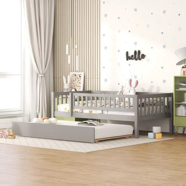 Main image of Twin Size Wood Daybed With Trundle And Fence Guardrails, Gray