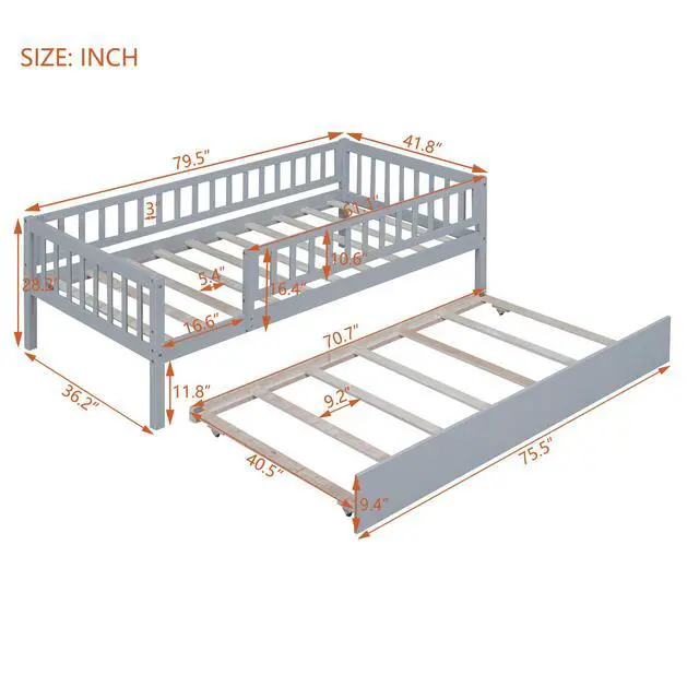 Alt view image 3 of 7 - Twin Size Wood Daybed With Trundle And Fence Guardrails, Gray