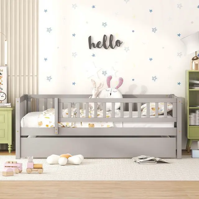 Alt view image 2 of 7 - Twin Size Wood Daybed With Trundle And Fence Guardrails, Gray