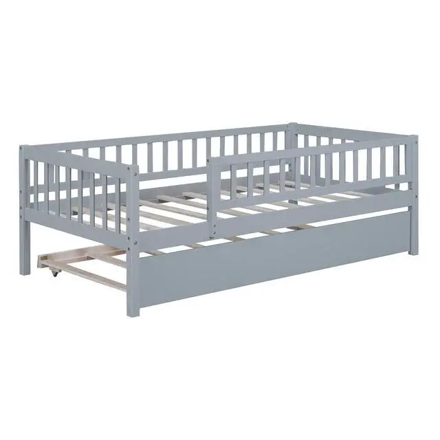 Alt view image 4 of 7 - Twin Size Wood Daybed With Trundle And Fence Guardrails, Gray