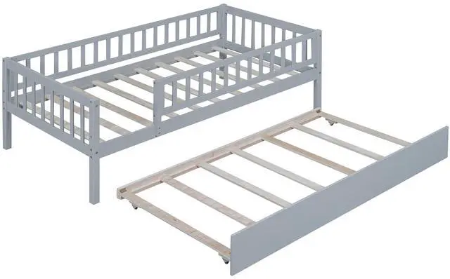 Alt view image 6 of 7 - Twin Size Wood Daybed With Trundle And Fence Guardrails, Gray