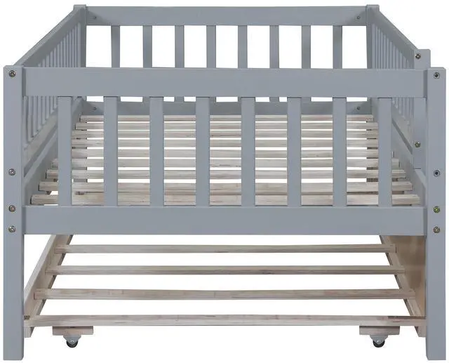 Alt view image 7 of 7 - Twin Size Wood Daybed With Trundle And Fence Guardrails, Gray