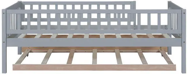 Alt view image 5 of 7 - Twin Size Wood Daybed With Trundle And Fence Guardrails, Gray