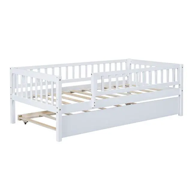 Alt view image 4 of 7 - Twin Size Wood Daybed With Trundle And Fence Guardrails, White