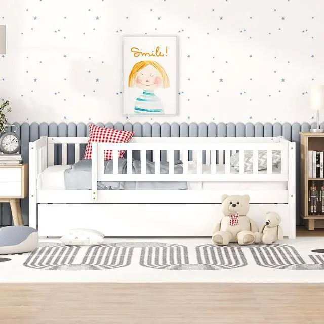 Alt view image 2 of 7 - Twin Size Wood Daybed With Trundle And Fence Guardrails, White
