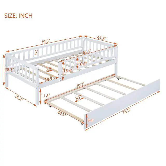 Alt view image 3 of 7 - Twin Size Wood Daybed With Trundle And Fence Guardrails, White