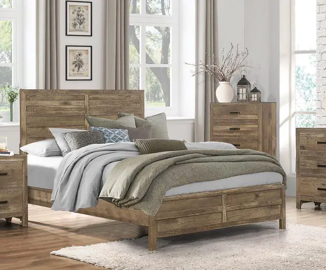 Alt view image 5 of 7 - Weathered Pine Finish 1pc Queen Bed Modern Line Pattern Rusticated Style Bedroom Furniture