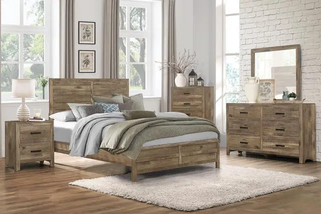 Alt view image 6 of 7 - Weathered Pine Finish 1pc Queen Bed Modern Line Pattern Rusticated Style Bedroom Furniture