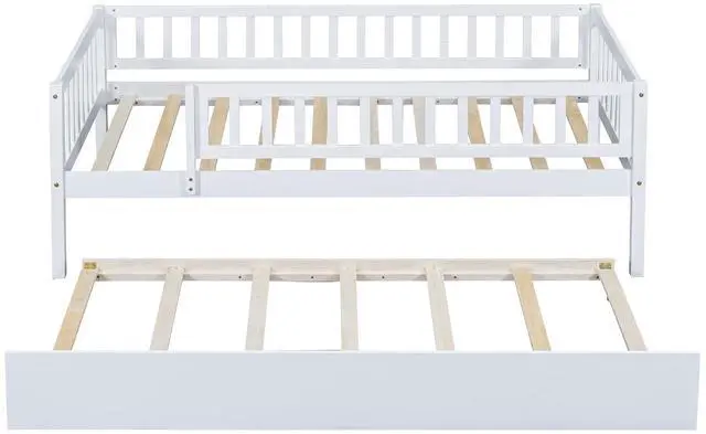 Alt view image 6 of 7 - Twin Size Wood Daybed With Trundle And Fence Guardrails, White