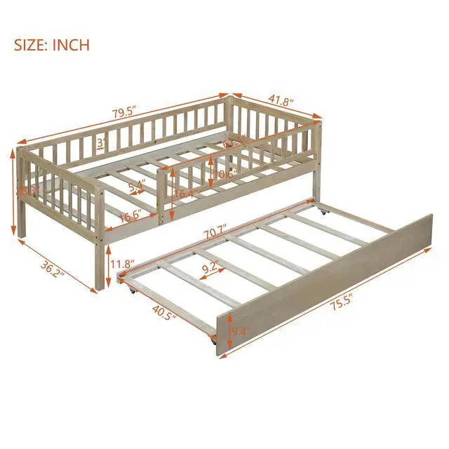 Alt view image 3 of 7 - Twin Size Wood Daybed With Trundle And Fence Guardrails, Natural