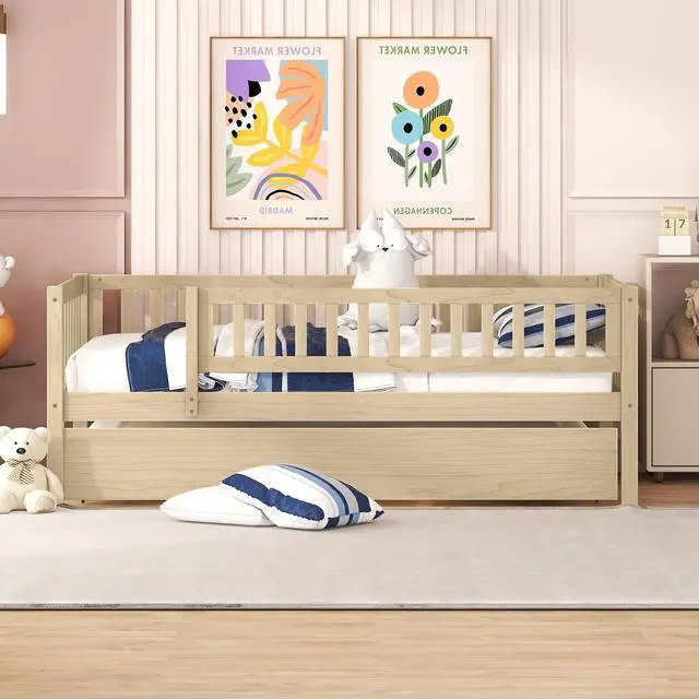 Alt view image 2 of 7 - Twin Size Wood Daybed With Trundle And Fence Guardrails, Natural