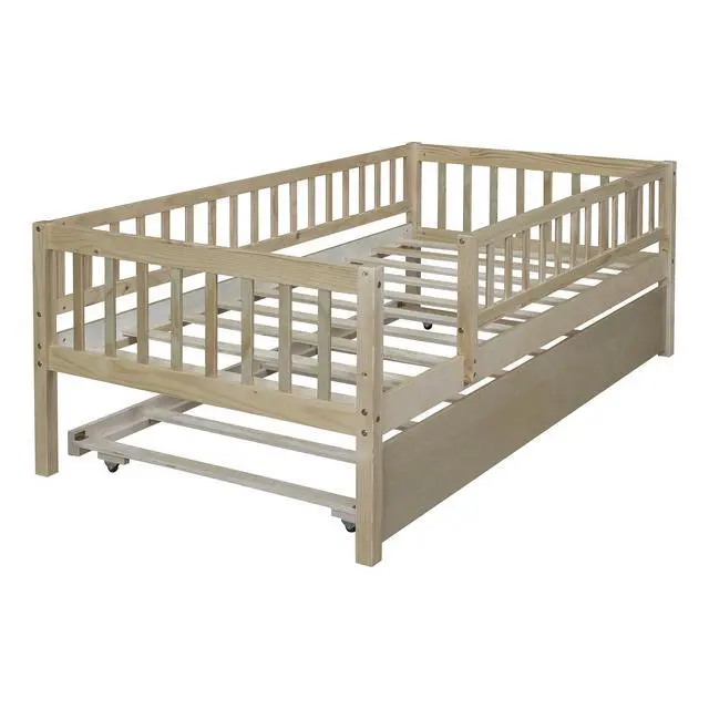 Alt view image 6 of 7 - Twin Size Wood Daybed With Trundle And Fence Guardrails, Natural