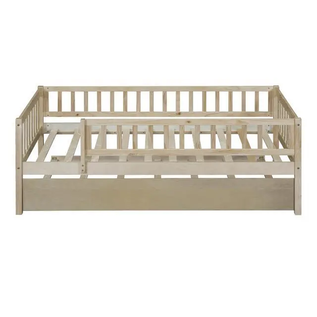 Alt view image 4 of 7 - Twin Size Wood Daybed With Trundle And Fence Guardrails, Natural